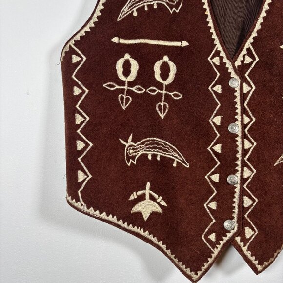 Vintage Western Suede Embroidered Vest Brown Cream Boho Ranch Cowgirl Size Large - Picture 3 of 6